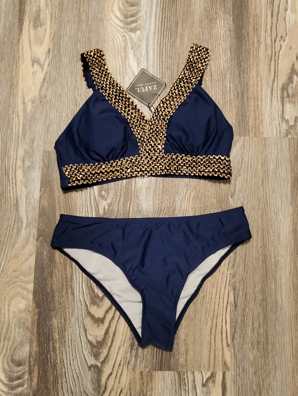 Zaful Navy Blue Bikini with Gold Trim